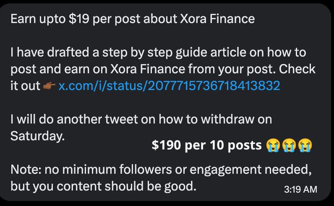 The image shows a social media post promoting earnings of up to $19 per post on Xora Finance, claiming $190 per 10 posts with no minimum followers required, and linking to a step-by-step guide article. This relates to the accompanying post about alternative ways to earn money during X payout pauses, with Xora Finance presented as another earning opportunity similar to Enjin, Byzanlink, and FBYT creator campaigns.