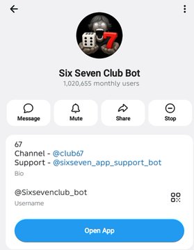 The image shows a Telegram bot page for "Six Seven Club Bot," boasting 1,020,655 monthly users, with its channel listed as @club67 and support as @sixseven_app_support_bot. This connects to the post's reference of "67 maxxing," highlighting the popularity and community backing of the "67" trend being hyped as a big week for believers.