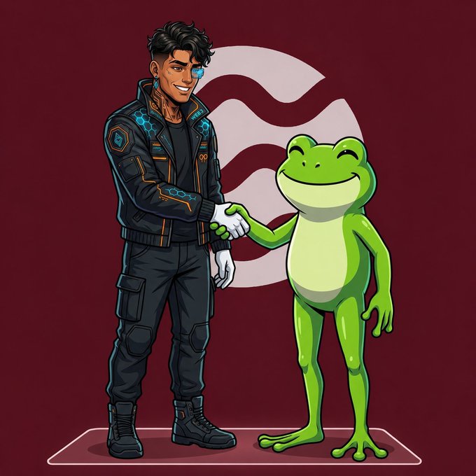 The image features a man wearing a black jacket and pants shaking hands with a frog that has green skin. The frog appears to be smiling as they interact. The background of the image is red, which contrasts with the man's black attire. There are no texts or other objects in the image besides the man and the frog.