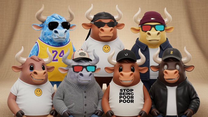 A group of seven anthropomorphic bulls wearing streetwear, sunglasses, and caps pose together, with visible text including "24" on a Lakers jersey, "Z" on a cap, and "STOP BEING POOR POOR" on a tank top, representing the Bullpen NFT collection of 5,555 PFPs tied to the $ANSEM movement.