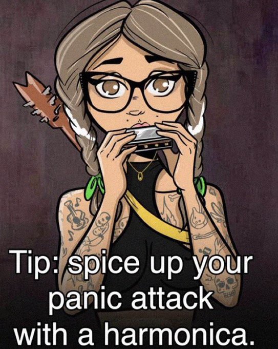 A cartoon illustration of a girl with glasses playing a harmonica, with a guitar over her shoulder, captioned 'Tip: spice up your panic attack with a harmonica.'