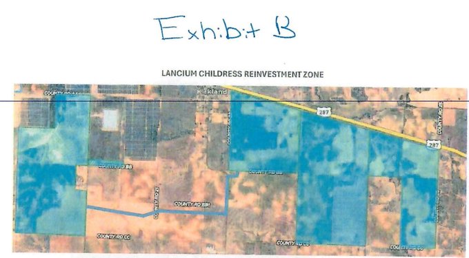 The image, handwritten-labeled "Exhibit B," shows a satellite map titled "LANCIUM CHILDRESS REINVESTMENT ZONE" with blue-highlighted areas near Kitaland, crossing County Road 207, 208, 211, and CC along Highway 287. The connection to the post about IREN appears to highlight IREN's (Iris Energy) data center infrastructure or land holdings in Childress, Texas, where Lancium is developing a reinvestment zone likely tied to power-intensive crypto/Bitcoin mining operations.