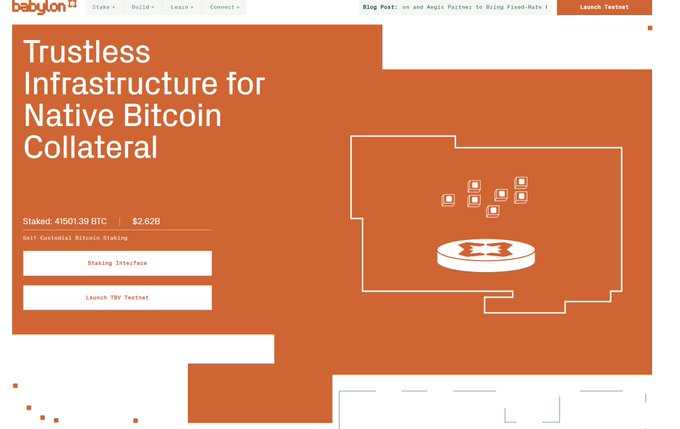 The Babylon website displays 'Trustless Infrastructure for Native Bitcoin Collateral' with staking stats showing 41,501.39 BTC staked and a $2,628 self-custodial Bitcoin staking option.