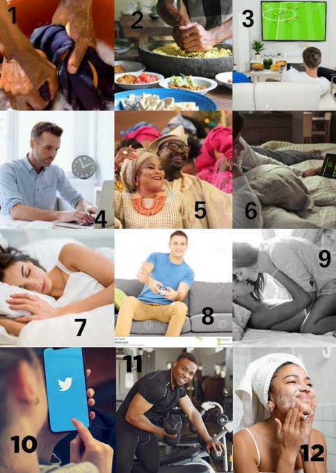 A numbered 12-panel collage showing various activities including sports viewing, cooking, sleeping, working on a laptop, and using Twitter, appearing to be stock imagery for a blog or article.