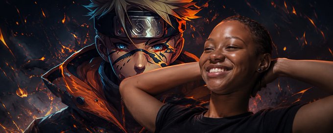 A young woman smiles brightly with her hands behind her head, posing in front of a Naruto anime wallpaper featuring the character in a fiery, dynamic style.