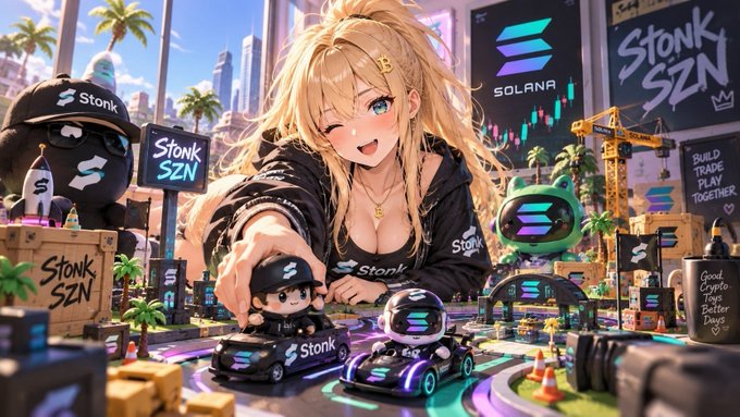 An anime-style illustration featuring a blonde girl promoting 'Stonks SZN' and 'Stonks' branding with Solana logos, alongside small character figures and toys.
