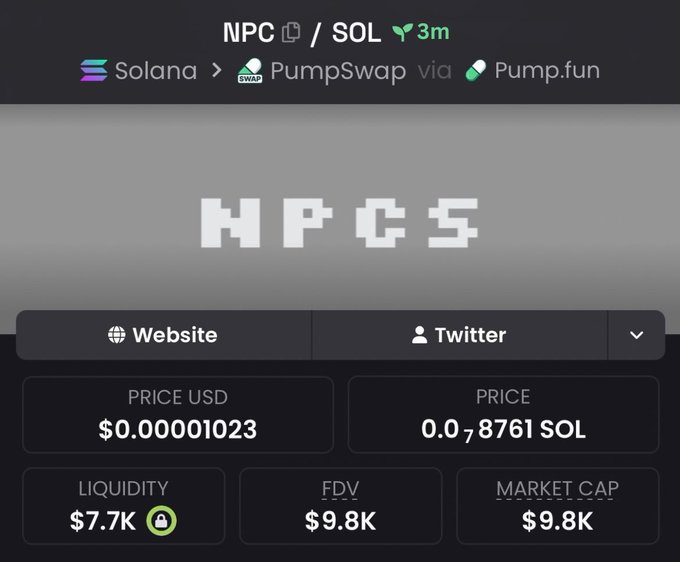 A cryptocurrency token page for 'NPCS' on the Solana blockchain via PumpSwap/Pump.fun, showing a price of $0.00001023 and a market cap of $9.8K.