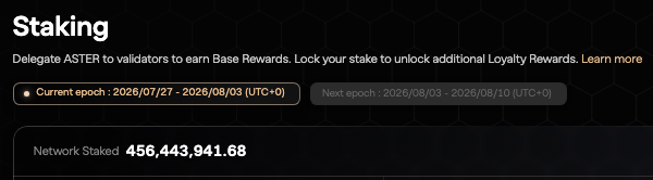 A cryptocurrency staking interface showing ASTER delegation with current epoch dates (2026/07/27 - 2026/08/03) and a Network Staked total of 456,443,941.68.