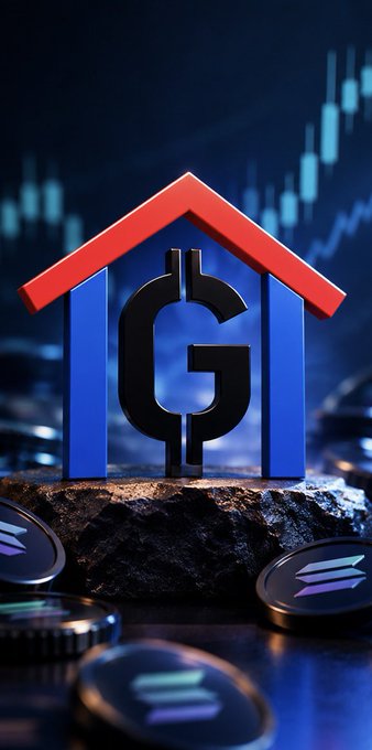 A 3D rendered house-shaped structure with a black dollar sign inside, set on a rock surrounded by Solana cryptocurrency coins, with stock market trading charts visible in the dark blue background.