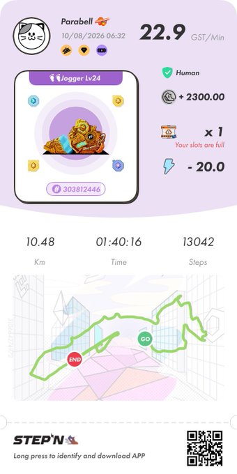 A STEP'N fitness app screenshot shows a 'Parabell' jogging sneaker NFT at level 24, with stats including 22.9 GST/Min, 10.48 Km, and a walking route map.