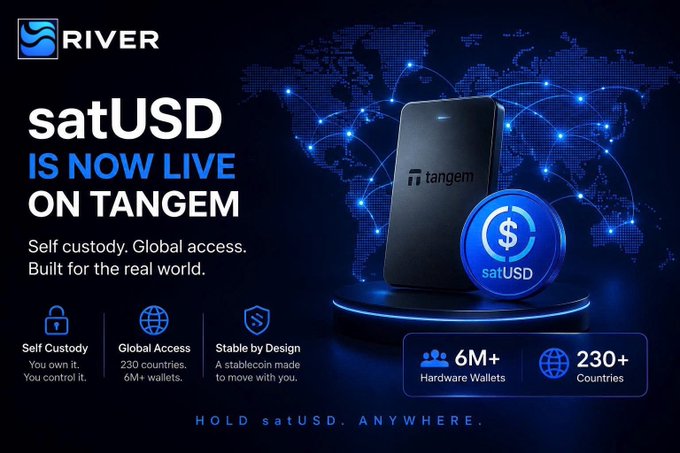 A promotional graphic announcing 'satUSD IS NOW LIVE ON TANGEM' by RIVER, featuring a Tangem hardware wallet and a satUSD coin against a world map background.