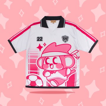 A product display of a white and pink short-sleeved jersey shirt featuring the number '22', a pink cartoon monkey graphic, and pink sleeve stripes against a pink starry background.