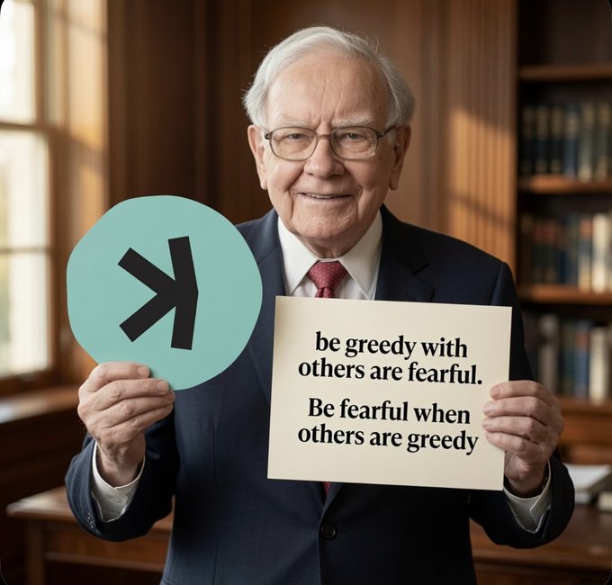 The image shows an elderly businessman in a suit holding a teal circle with the Kaspa ticker "KAS" alongside a sign quoting Warren Buffett's famous investment advice: "Be fearful when others are greedy, be greedy when others are fearful." The reference to contrarian investing wisdom ties into the post about Kaspa ($KAS), suggesting a buy-the-dip mentality toward the cryptocurrency.