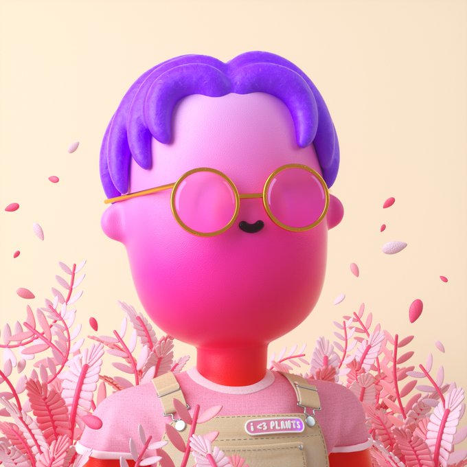 A 3D-rendered cartoon character with vibrant purple hair, round gold-rimmed sunglasses, and a pink complexion stands amid pink foliage, wearing overalls labeled "I ❤ 3 PLANETS." The image represents Citizen of Vibetown #5315, an NFT sold on OpenSea for 0.58 ETH (~$1,100).