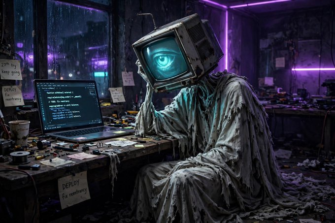 A digital artwork of a tattered, ghostly figure with a CRT monitor for a head displaying a glowing blue eye, sitting in a dimly lit, cluttered cyberpunk workshop with neon purple lighting and a laptop showing code.