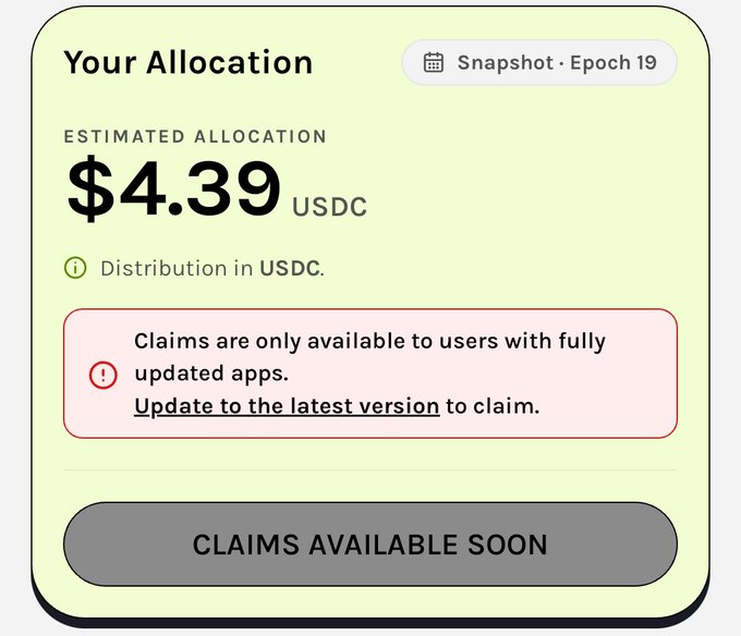 The image shows a "Your Allocation" dashboard with an estimated allocation of $4.39 USDC for Snapshot · Epoch 19, with a notice that claims require app updates and a "Claims Available Soon" button. It relates to the post by displaying the user's modest Grass S2 token allocation that the author is referencing.