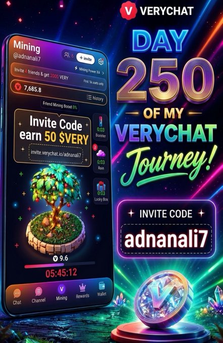 A vibrant promotional graphic for VeryChat showcases "DAY 250 OF MY VERYCHAT Journey!" alongside a detailed screenshot of the mining dashboard displaying 7,685.8 balance, an invite code "adnanali7" offering 50 $VERY, and a lush tree animation at level 9.6 with the same invite code highlighted prominently—visually celebrating 250 days of consistent $VERY token stacking as emphasized in the caption.