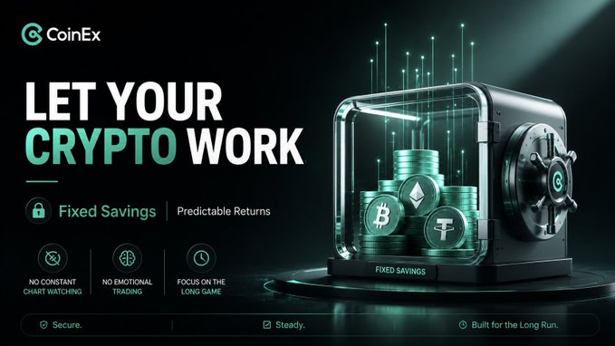 The image is a CoinEx promotional banner featuring a futuristic vault containing stacks of coins branded with Bitcoin (₿), Ethereum (Ξ), and Tether (₞) logos, alongside the headline "LET YOUR CRYPTO WORK" and "Fixed Savings – Predictable Returns," reinforced by the pillars of being "Secure," "Steady," and "Built for the Long Run." It visually reinforces the post's message by depicting idle crypto assets stored securely in a vault to earn passive income through CoinEx's Fixed Savings product.