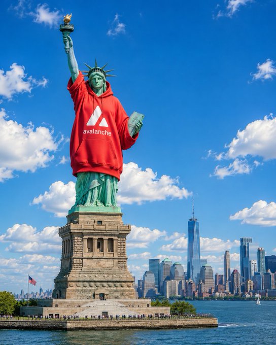 The Statue of Liberty is humorously edited to wear a red 'avalanche' hoodie over its robes, with the New York City skyline in the background.