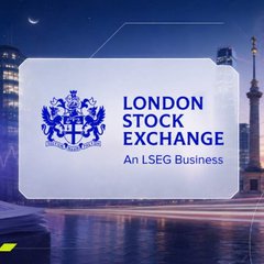 The image shows the London Stock Exchange logo with the text "LONDON STOCK EXCHANGE — An LSEG Business" alongside its royal coat of arms, set against a nighttime cityscape background. It visually represents the partnership with Payward/Kraken to launch tokenized UK stocks on the exchange's new digital trading venue in 2027.