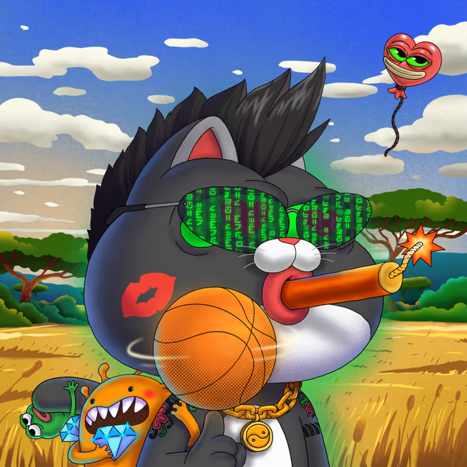 A cartoon cat with 'Matrix' code lenses holds a basketball and a cigar, accompanied by a heart-shaped balloon and small green and orange creatures.