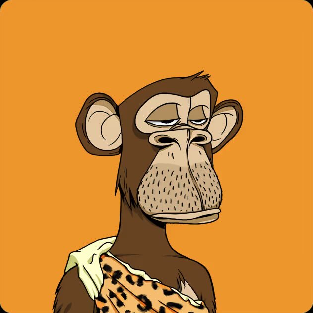 A cartoon illustration of a bored-looking monkey wearing a leopard-print garment against a solid orange background, resembling a Bored Ape NFT.