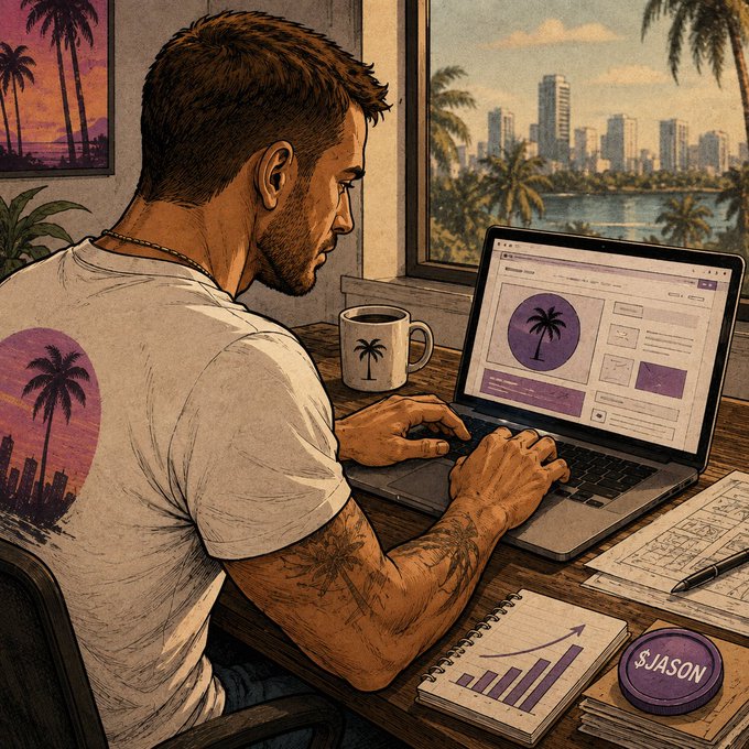 Stylized illustration of a bearded man with tattoos working on a laptop displaying a palm tree logo, with a notebook showing growth charts and a purple '$JASON' coin nearby, overlooking a tropical cityscape.