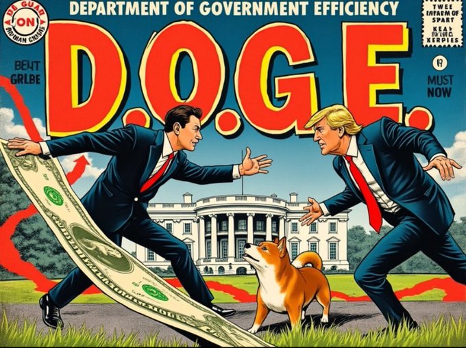 A retro comic-style magazine cover titled "D.O.G.E. - Department of Government Efficiency" depicts Trump and another suited figure grappling over a giant dollar bill in front of the White House, with a Shiba Inu dog standing between them and a rising red trend line in the background. The playful, satirical imagery of "DOGE" ties directly to the post's theme, suggesting that Trump's pro-crypto pivot, including ties to Dogecoin-themed culture, was a strategic move to win the 2024 election.
