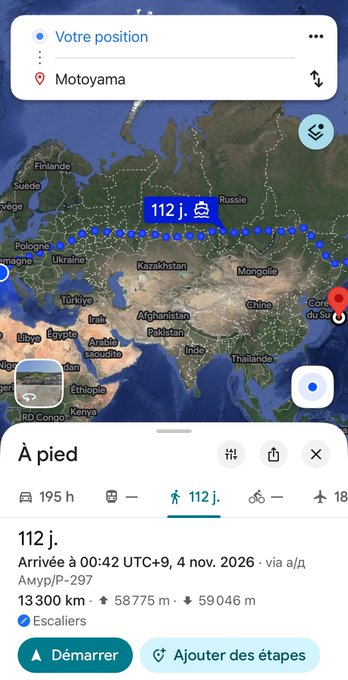 A Google Maps screenshot in French showing a 112-day walking route from somewhere in Europe to Motoyama, with an arrival time of November 9, 2026.