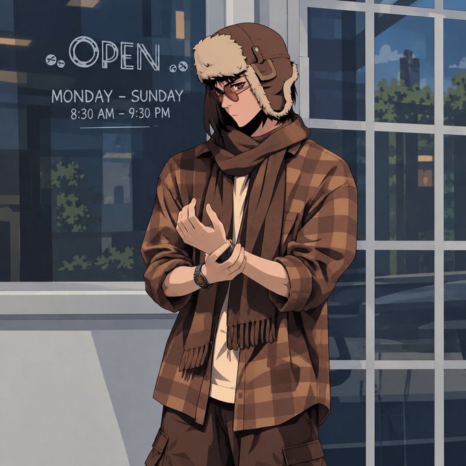 An anime-style illustration of a character wearing a brown checkered flannel shirt, scarf, and a winter trapper hat with fur trim, standing in front of a storefront window displaying 'OPEN MONDAY - SUNDAY 8:30 AM - 9:30 PM'.