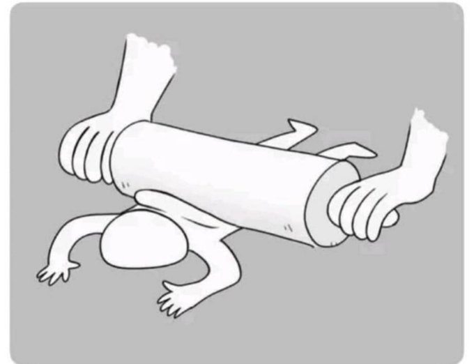 A surreal black and white illustration of a human figure rolled up like a scroll or burrito, with limbs sticking out from the ends and middle of the rolled body.