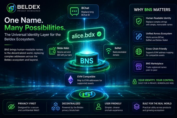 An infographic for "BELDEX" promoting "BNS" (Beldex Name Service) with the text "One Name. Many Possibilities," illustrating the "alice.bdx" identity connecting to BChat, Beldex Wallet, BelNet, and EVM Compatibility.