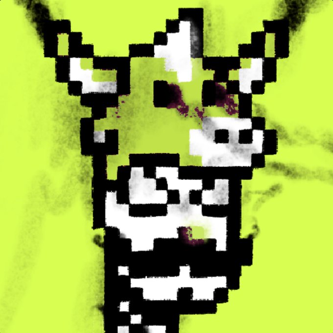 A pixelated, glitch-style digital portrait of a horned figure rendered in black, white, and chartreuse green with a grainy, corrupted aesthetic.