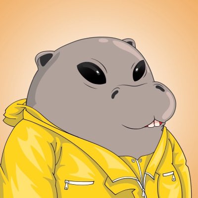 A cartoon hippo with large black eyes and a slight smile wears a bright yellow zip-up hoodie against a tan background.