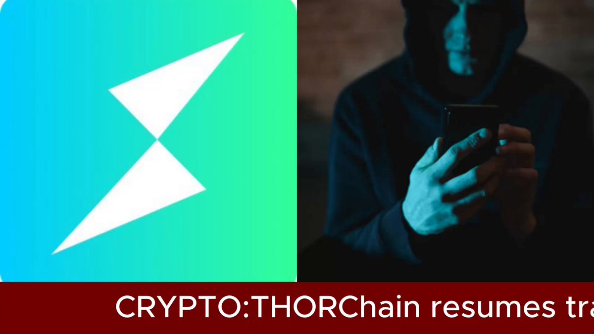 The image features a person wearing a hoodie holding a cell phone with a text overlay that reads "CRYPT:THORCHAIN RESUES TR". This suggests that the person might be using a cryptocurrency wallet or exchanging digital assets, possibly for a Thors Chain mining operation. The post also mentions that the Thors Chain has been back online after more than a month of being offline and is now trading again.