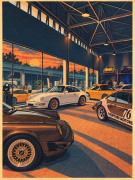 A sunset view of a showroom displaying several cars, including a dark sports car with 'YANASE MOTORS' and '76' visible on its side.
