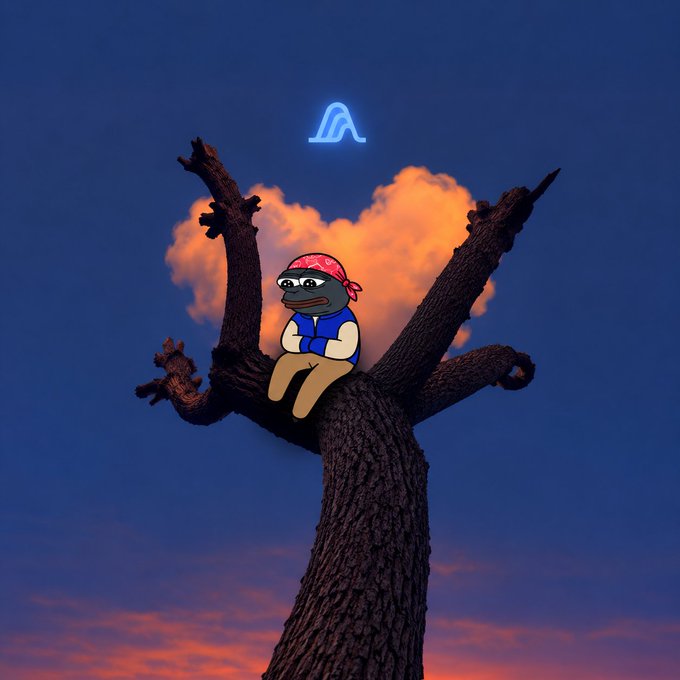 A cartoon character wearing a red bandana and blue jacket sits on a bare tree branch against a sunset sky, with a glowing blue logo above.