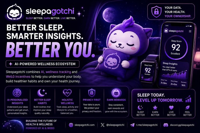 A promotional graphic for 'sleepagotchi' featuring a purple mascot character, with text reading 'BETTER SLEEP. SMARTER INSIGHTS. BETTER YOU.' and 'AI-POWERED WELLNESS ECOSYSTEM'.