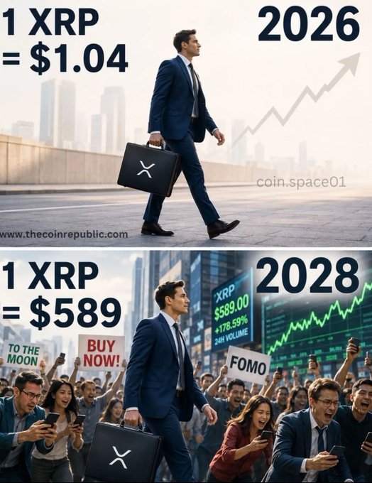 The image is a two-panel satirical meme depicting XRP price predictions: the top panel shows a businessman with text "1 XRP = $1.04" and "2026," while the bottom panel shows a frenzied crowd with signs reading "BUY NOW," "TO THE MOON," and "FOMO," alongside text "1 XRP = $589" and "2028" with a chart showing "XRP $589.00 +178.59% 24H VOLUME." It relates to the post by humorously illustrating the speculative hype and FOMO surrounding XRP adoption scenarios among crypto holders.