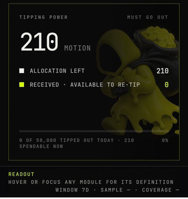A dashboard showing a Tipping Power of 210 for $MOTION, with 210 allocation left and 0 received/available to re-tip, illustrating the importance of checking one's balance before tipping. The image supports the reminder by visually demonstrating what a non-zero balance looks like before requesting tips from @tipmotion.