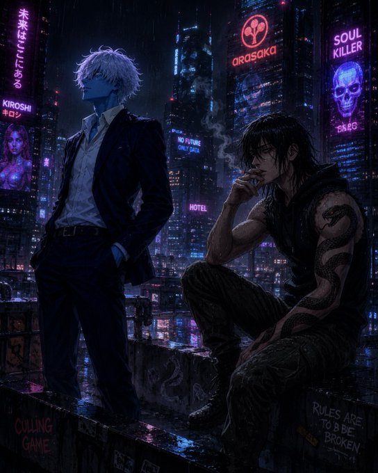 An anime-style cyberpunk illustration shows two characters on a rooftop overlooking a neon-lit cityscape, with visible signs reading 'ARASAKA', 'SOUL KILLER', 'KIROSHI', 'NO FUTURE ONLY SA', 'HOTEL', 'CULLING GAME', and 'RULES ARE TO BE BROKEN'.