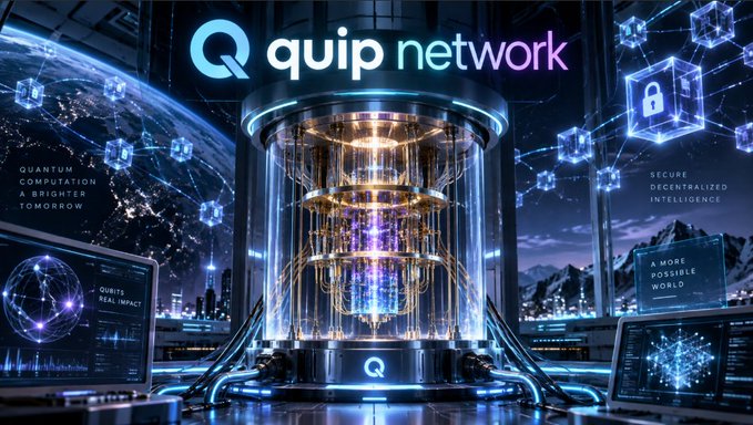 Promotional graphic for 'quip network' featuring a glowing quantum computer with text including 'QUANTUM COMPUTATION A BRIGHTER TOMORROW', 'SECURE DECENTRALIZED INTELLIGENCE', and 'A MORE POSSIBLE WORLD'.