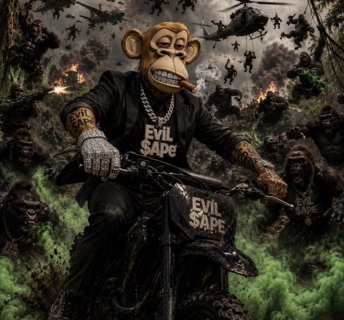 A dark, action-packed digital illustration of an 'Evil Ape' character riding a motorcycle, wearing a chain necklace and 'Evil $Ape' jacket, with helicopters and other apes in the background.