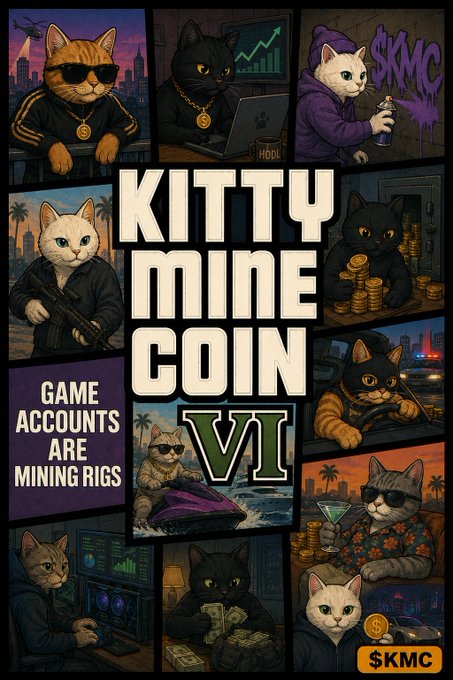 A promotional graphic titled "KITTY MINE COIN VI" with the tagline "GAME ACCOUNTS ARE MINING RIGS" and the ticker "$KMC", featuring various illustrated cats in different scenarios like using laptops, spray painting, holding coins, and driving cars.