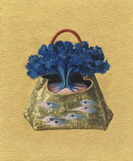 The image features a handbag with a unique design, featuring blue flowers and eyes painted on it. The bag has a gold lining that adds an elegant touch to its appearance. The background of the image is yellow, which contrasts nicely with the blue elements in the bag. The text "GM" is also present in the image.