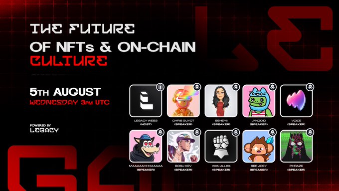 A promotional graphic for "The Future of NFTs & On-Chain Culture" event on August 5th (Wednesday) at 3pm UTC, powered by Legacy, featuring speakers including Legacy Weiss (host), Chris Dixon, gmoney, Lynkoo, Vox (Top Row), and MAAAAARRRAAAA, Soul Kids, Iron Allies, Ash Joey, and Kraze (Bottom Row). The image visually complements the post's announcement about NFTs evolving into foundations of on-chain identity, reputation, ownership, and culture.