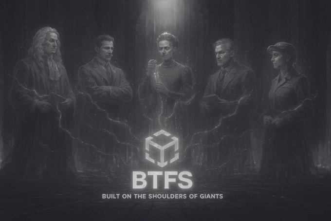 Five shadowy figures stand in a dark, atmospheric scene with a glowing hexagonal logo and the text "BTFS - BUILT ON THE SHOULDERS OF GIANTS," representing the legendary scientists after whom each BTFS software release version is named. The monochromatic, statue-like depiction of the figures emphasizes their monumental status as pioneers whose discoveries inspire the project's ongoing evolution.