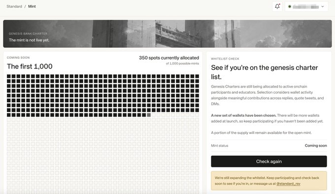 A screenshot of the Standard/Mint page on standardreserve.xyz shows that 350 spots are currently allocated out of 1,000 possible mints for "The first 1,000," with 225 additional whitelist addresses added this round (visible as filled squares in the grid), while the remaining spots are open for future allocation. The page also features a whitelist checker indicating mint status is "Coming soon" for those not yet selected.