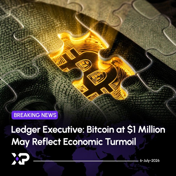 A breaking news graphic featuring a gold Bitcoin symbol in a puzzle piece, with the headline 'Ledger Executive: Bitcoin at $1 Million May Reflect Economic Turmoil' dated 6-July-2026.