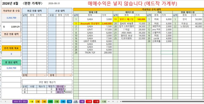 A Korean-language accounting spreadsheet dated '2026년 8월' showing various stock holdings including 'Arirang 고배당채권', 'TIGER 차이나HSCEI', and '한국앤컴퍼니' with a message stating no buying is recommended.